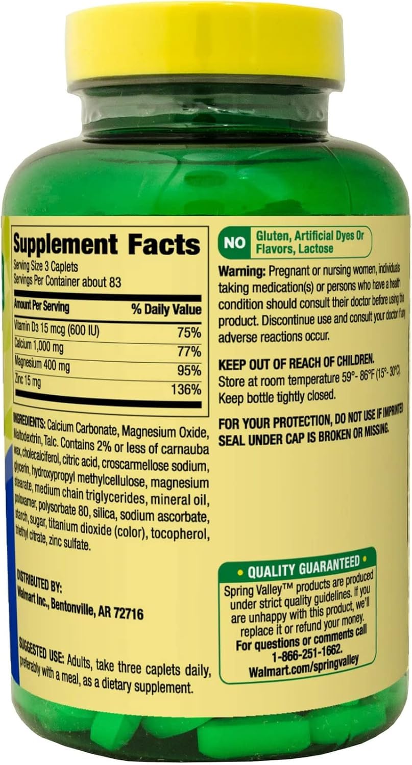 Calcium Magnesium Zinc Vitamin D3 Caplets Dietary Supplement 250 Count V273668