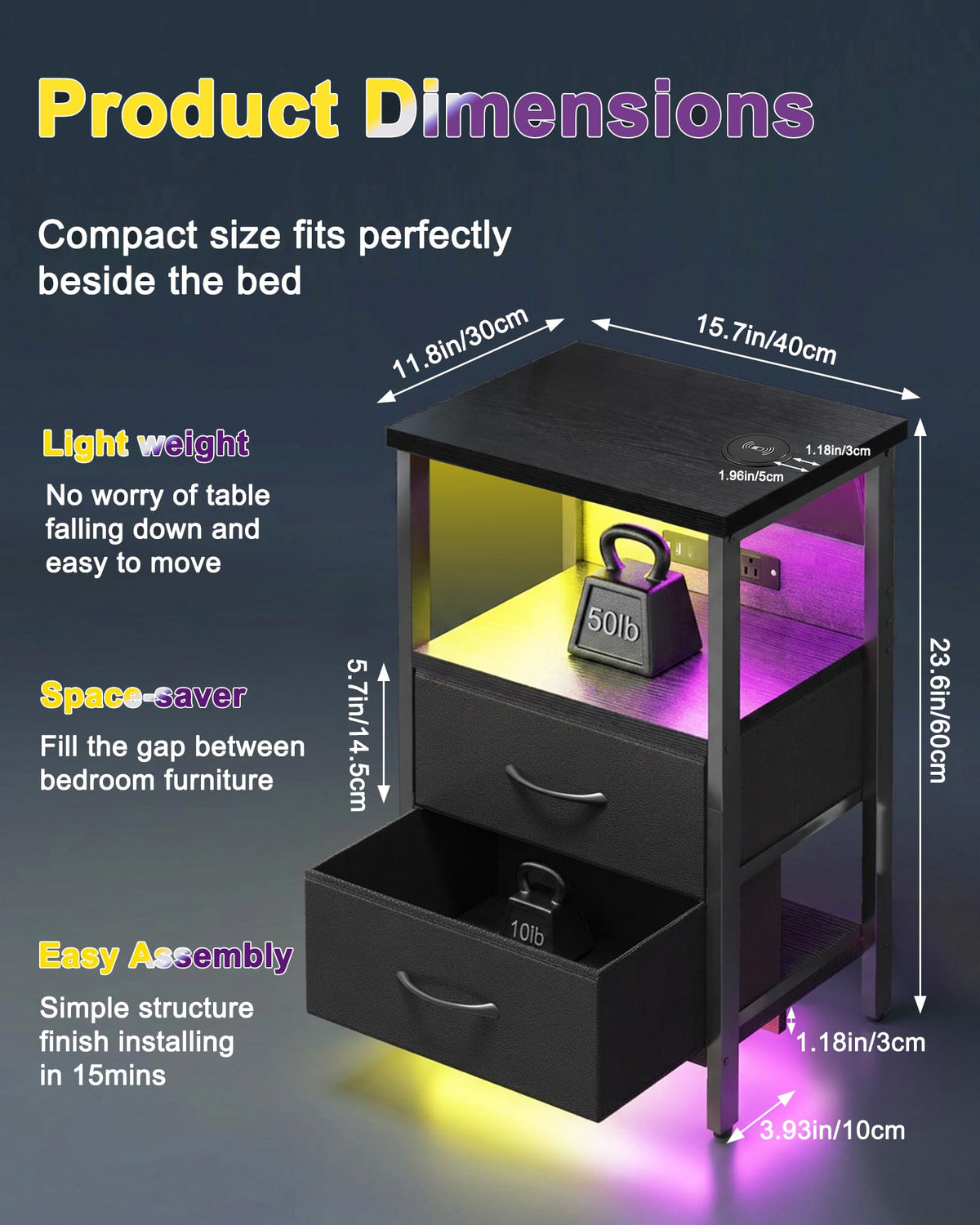 Black Smart Nightstand with Wireless Charging L186329