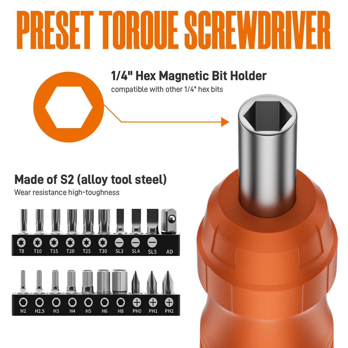 Torque Screwdriver Set, 10-70 In-lb, 1/4” Drive with Audible Click D576