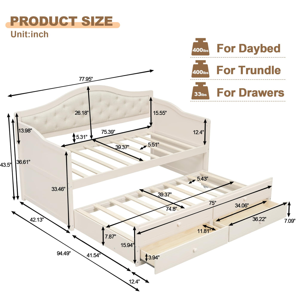 Beige Twin Size Wooden Daybed with Trundle and 2 Drawers C2649