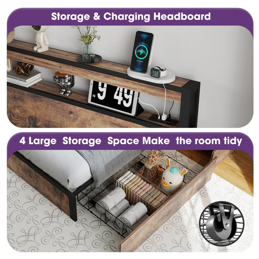 Queen Size Bed Frame with LED Light Headboard and 4 Storage Drawers O696