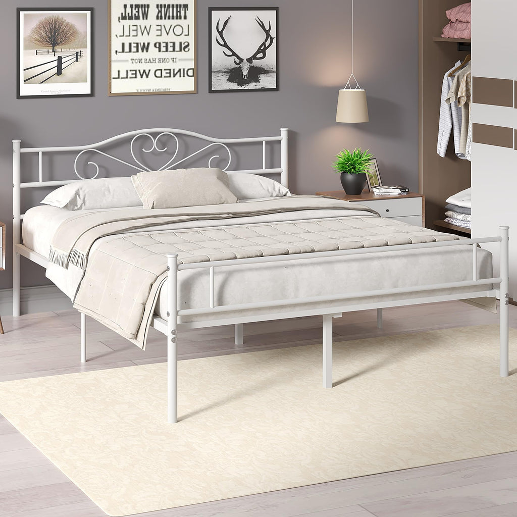 Full Size White Metal Platform Bed Frame with Headboard C42893