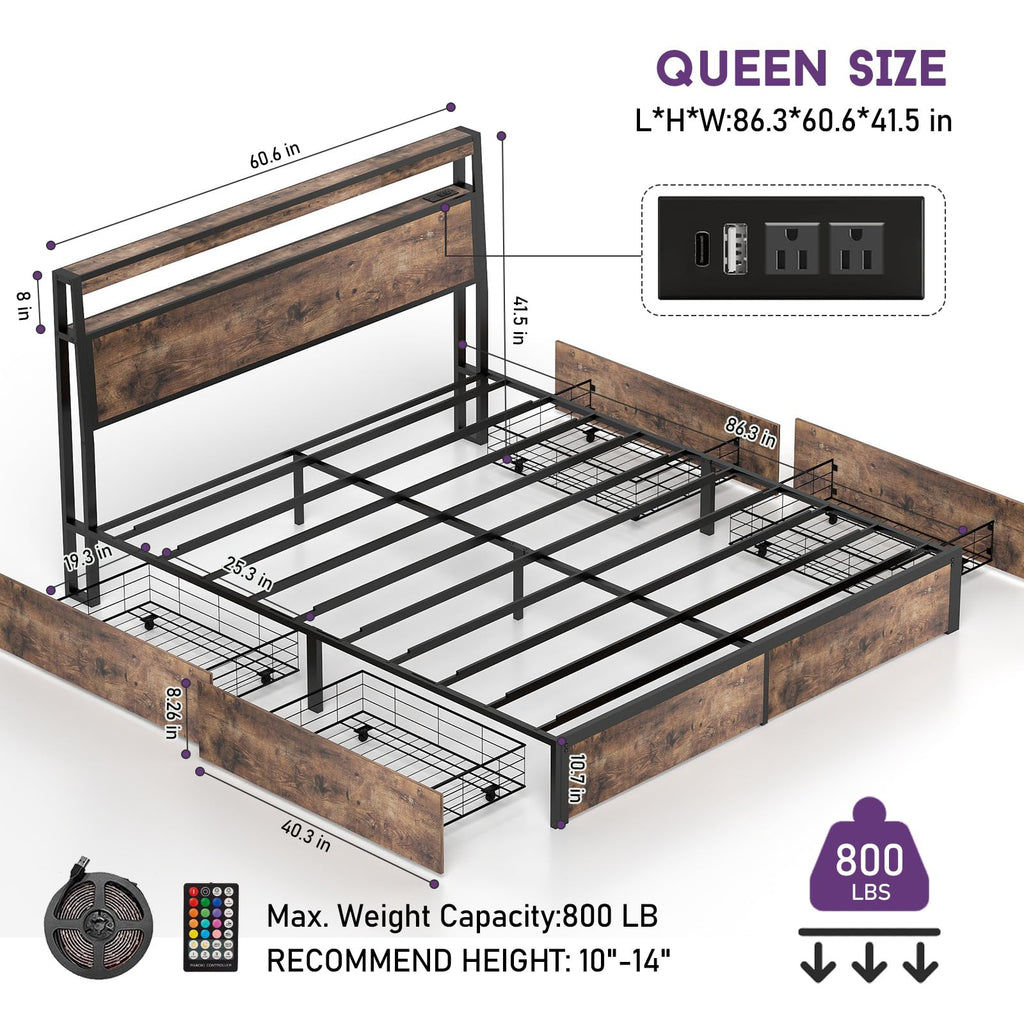 Queen Size Bed Frame with LED Light Headboard and 4 Storage Drawers O696