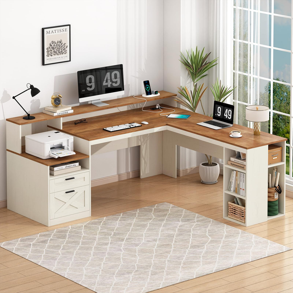 63" L Shaped Desk with Drawers and Storage Shelves H9657