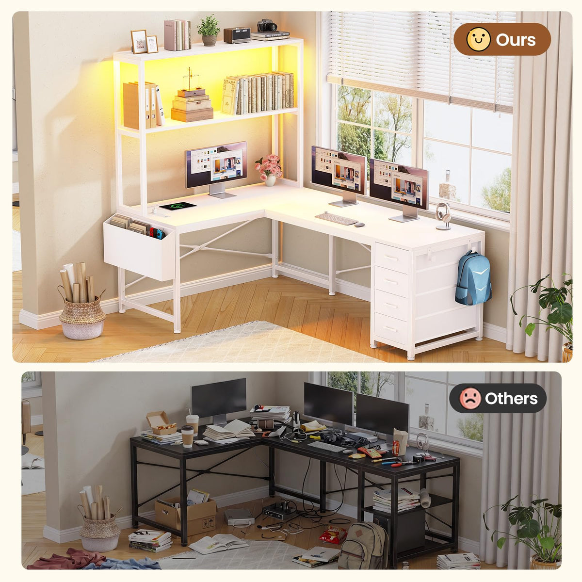 L Shaped Corner Desk with 4 Drawer, Power Outlet & LED Lights, White P3355
