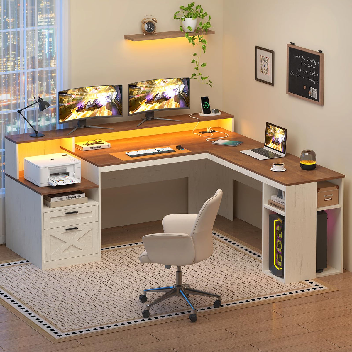 63" L Shaped Desk with Drawers and Storage Shelves H9657