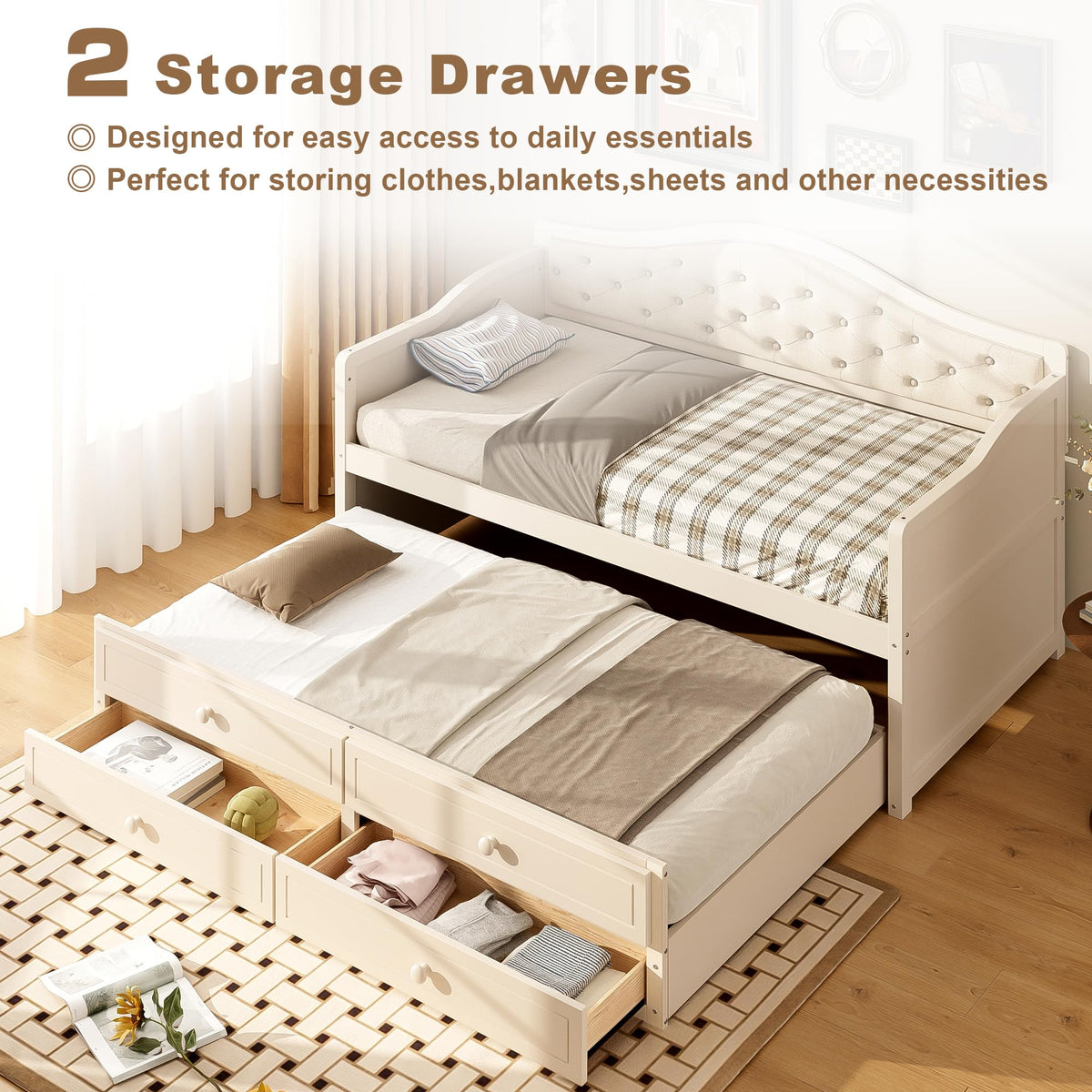 Beige Twin Size Wooden Daybed with Trundle and 2 Drawers C2649