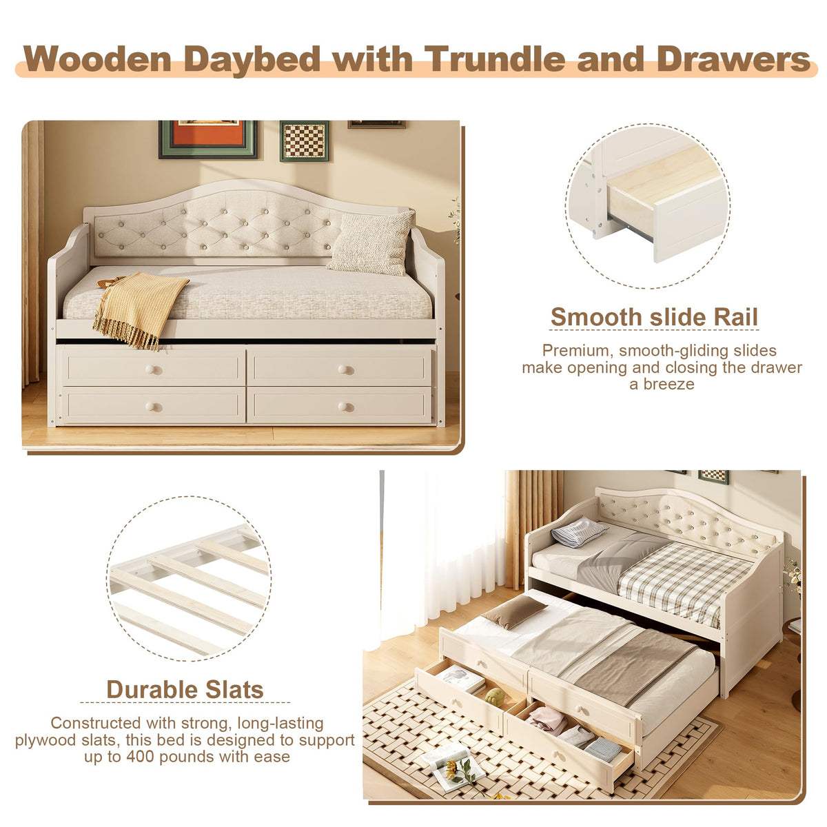Beige Twin Size Wooden Daybed with Trundle and 2 Drawers C2649