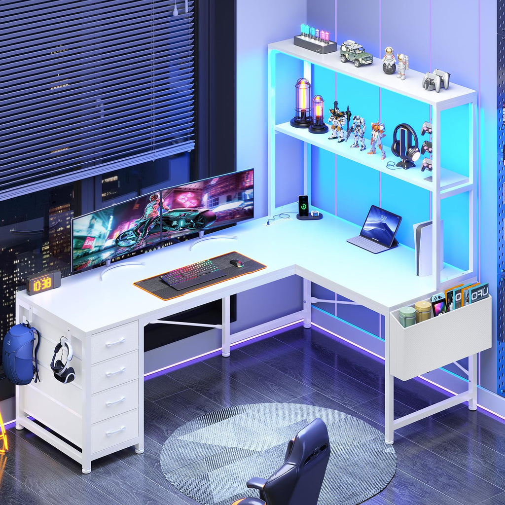 L Shaped Corner Desk with 4 Drawer, Power Outlet & LED Lights, White P3355