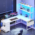 L Shaped Corner Desk with 4 Drawer, Power Outlet & LED Lights, White P3355