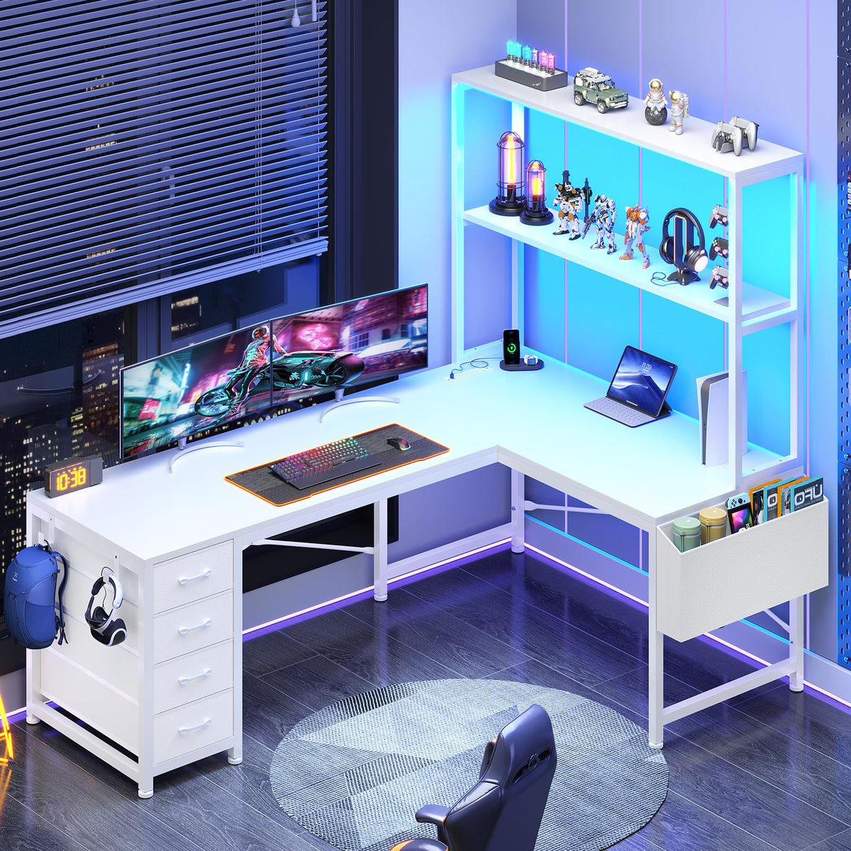 L Shaped Corner Desk with 4 Drawer, Power Outlet & LED Lights, White P3355