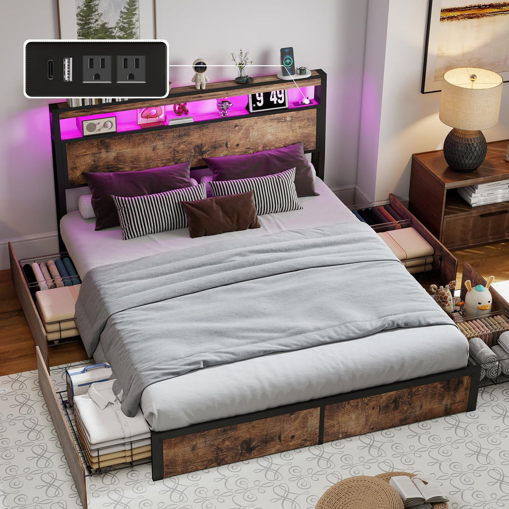 Queen Size Bed Frame with LED Light Headboard and 4 Storage Drawers O696