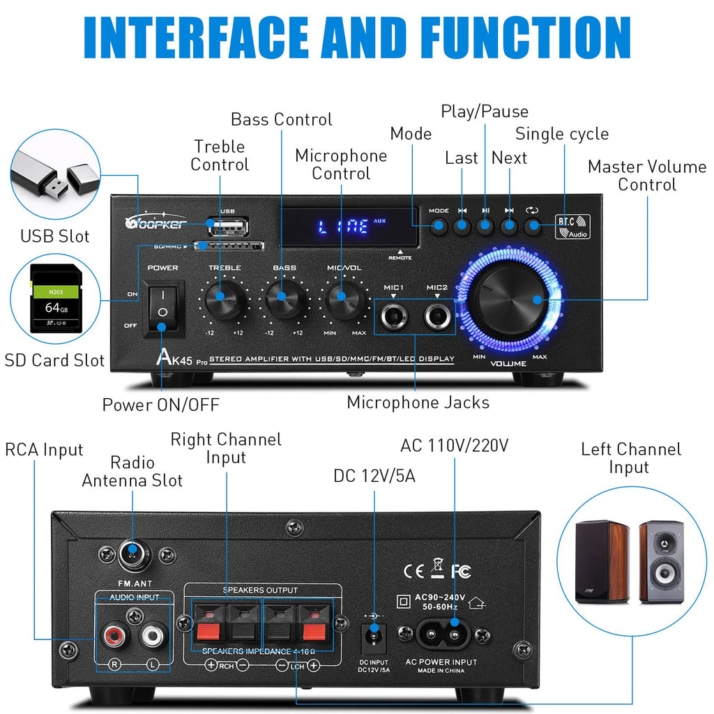 400W 2 Channel Bluetooth 5.0 Stereo Audio Amplifier N924