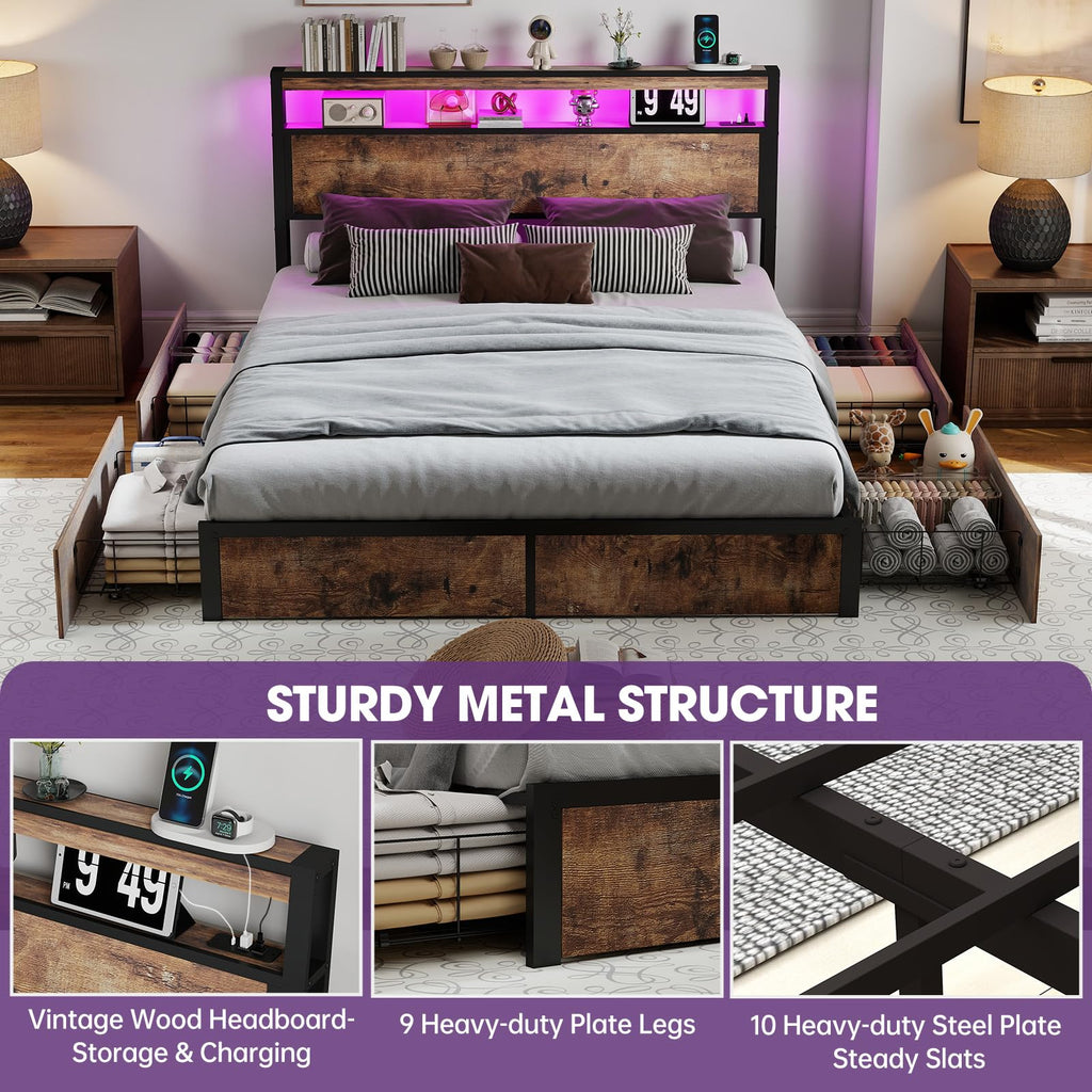 Queen Size Bed Frame with LED Light Headboard and 4 Storage Drawers O696
