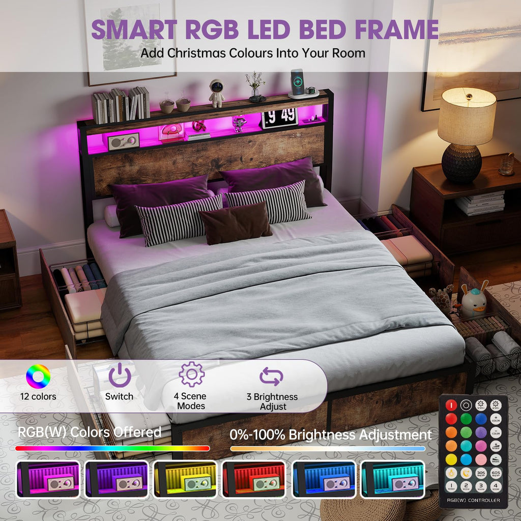 Queen Size Bed Frame with LED Light Headboard and 4 Storage Drawers O696