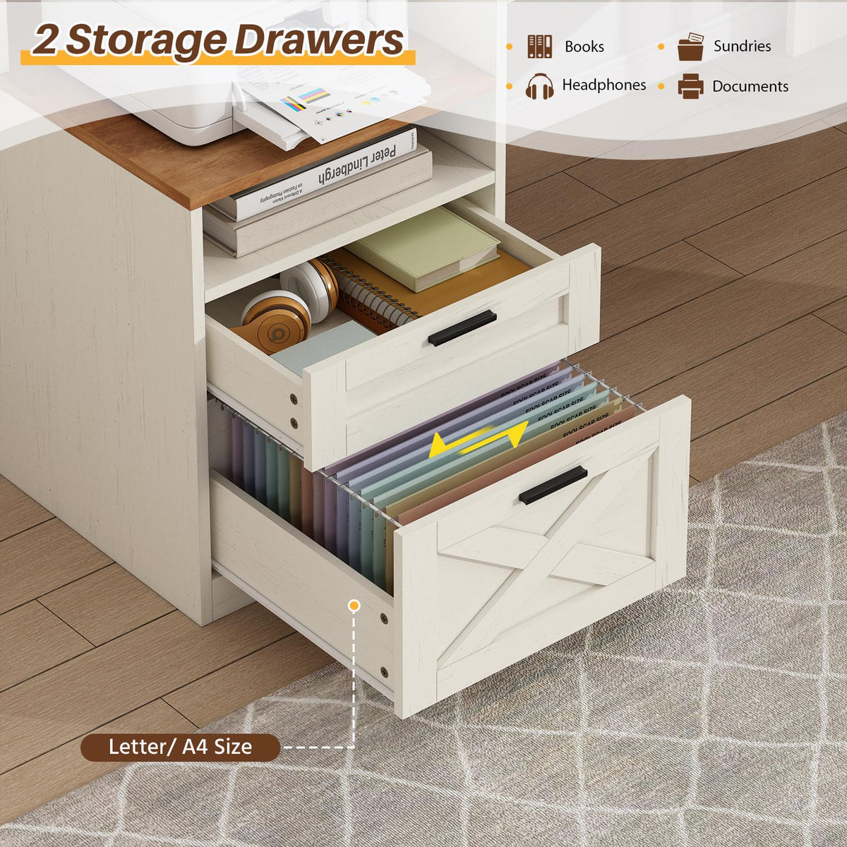 63" L Shaped Desk with Drawers and Storage Shelves H9657