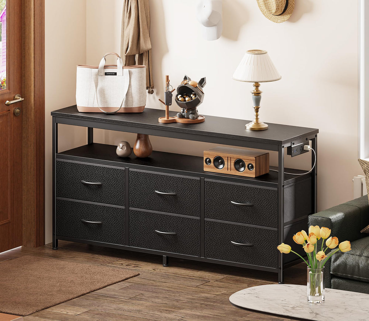 Black 47 Inch 6 Drawer TV Stand with Power Outlets M11542