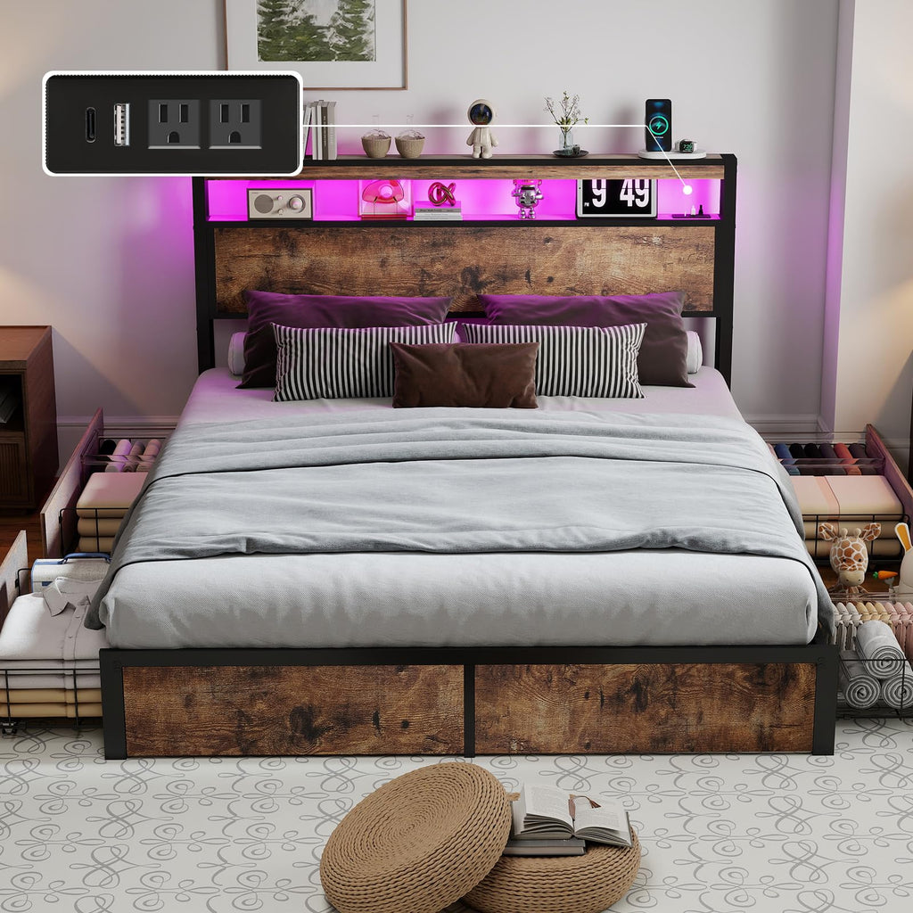 Queen Size Bed Frame with LED Light Headboard and 4 Storage Drawers O696