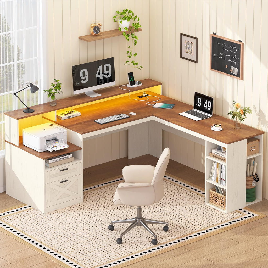 63" L Shaped Desk with Drawers and Storage Shelves H9657