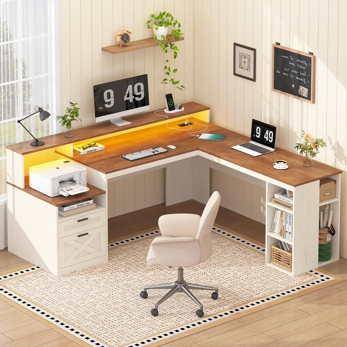 63" L Shaped Desk with Drawers and Storage Shelves H9657