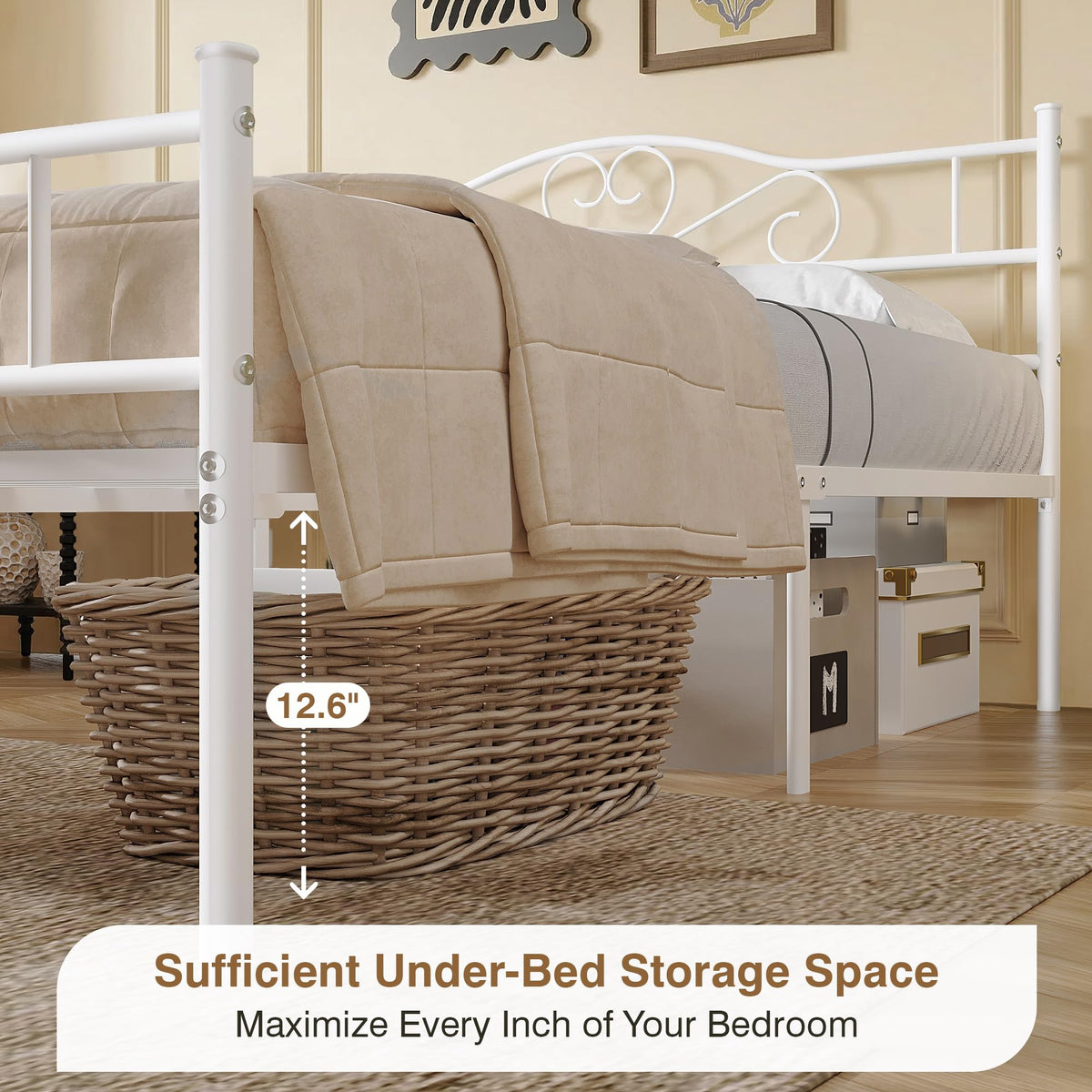 Full Size White Metal Platform Bed Frame with Headboard C42893