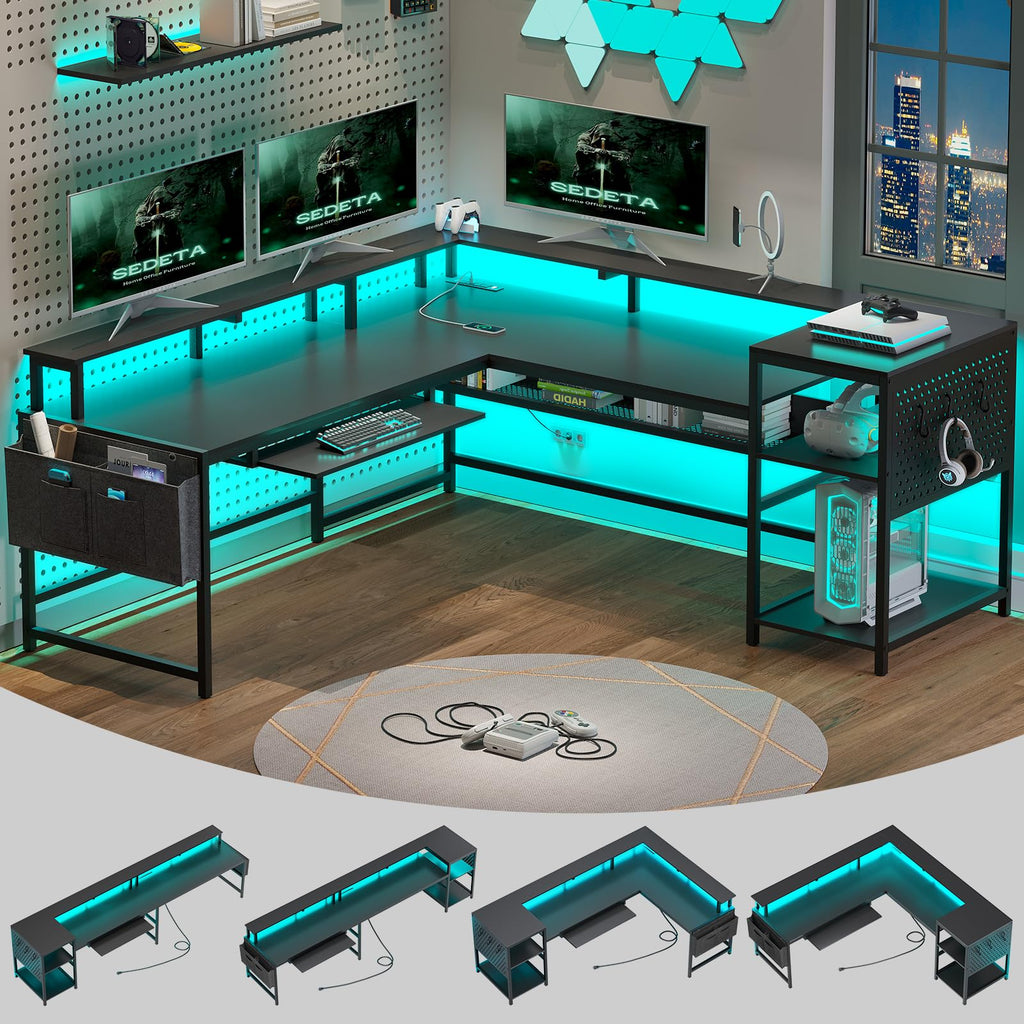 L Shaped Gaming Desk with Power Outlets & LED Strip L29044