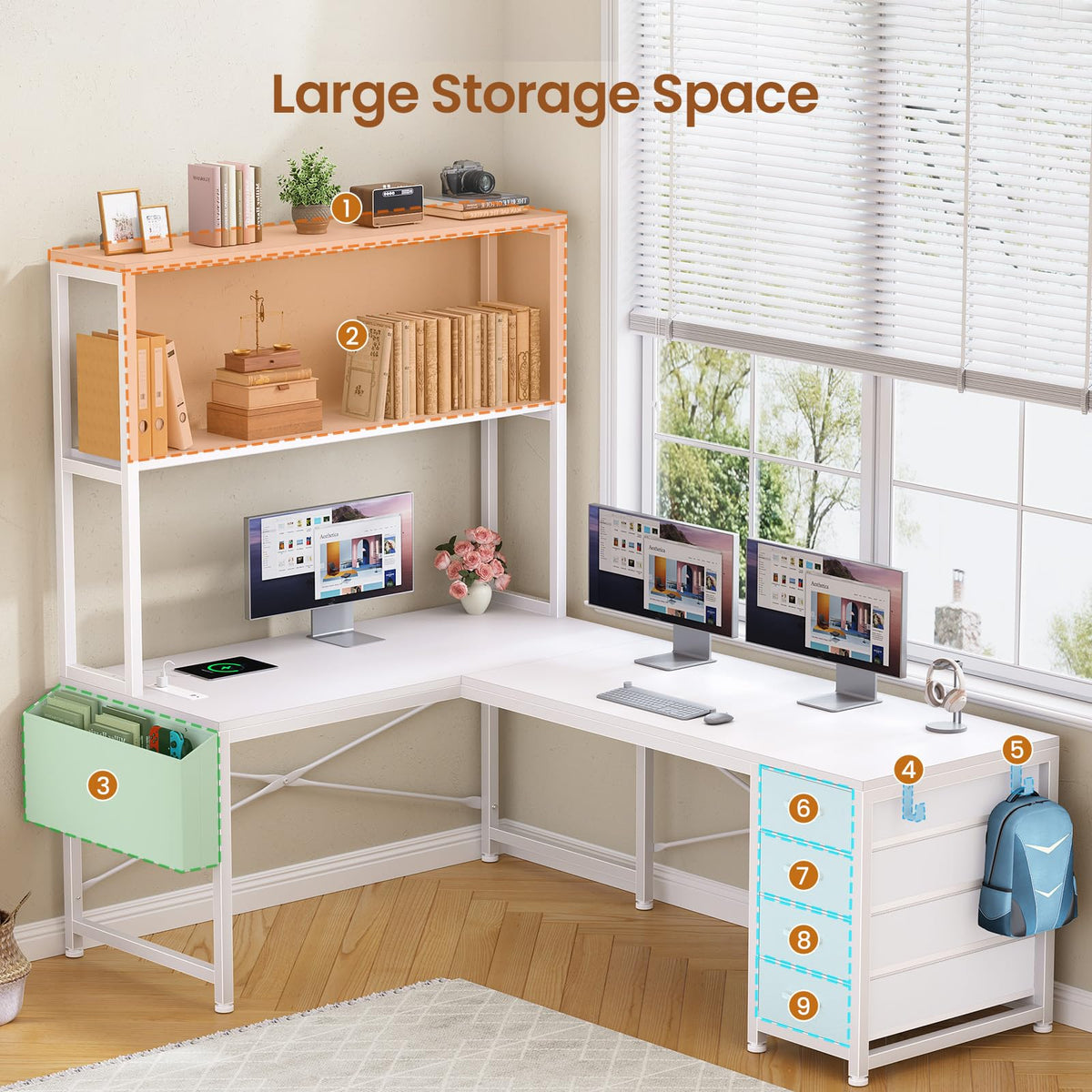 L Shaped Corner Desk with 4 Drawer, Power Outlet & LED Lights, White P3355