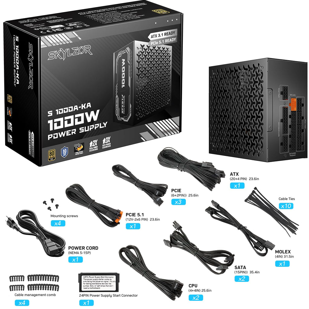 1000W Fully Modular 80+ Gold Certified ATX 3.1 Power Supply U14847
