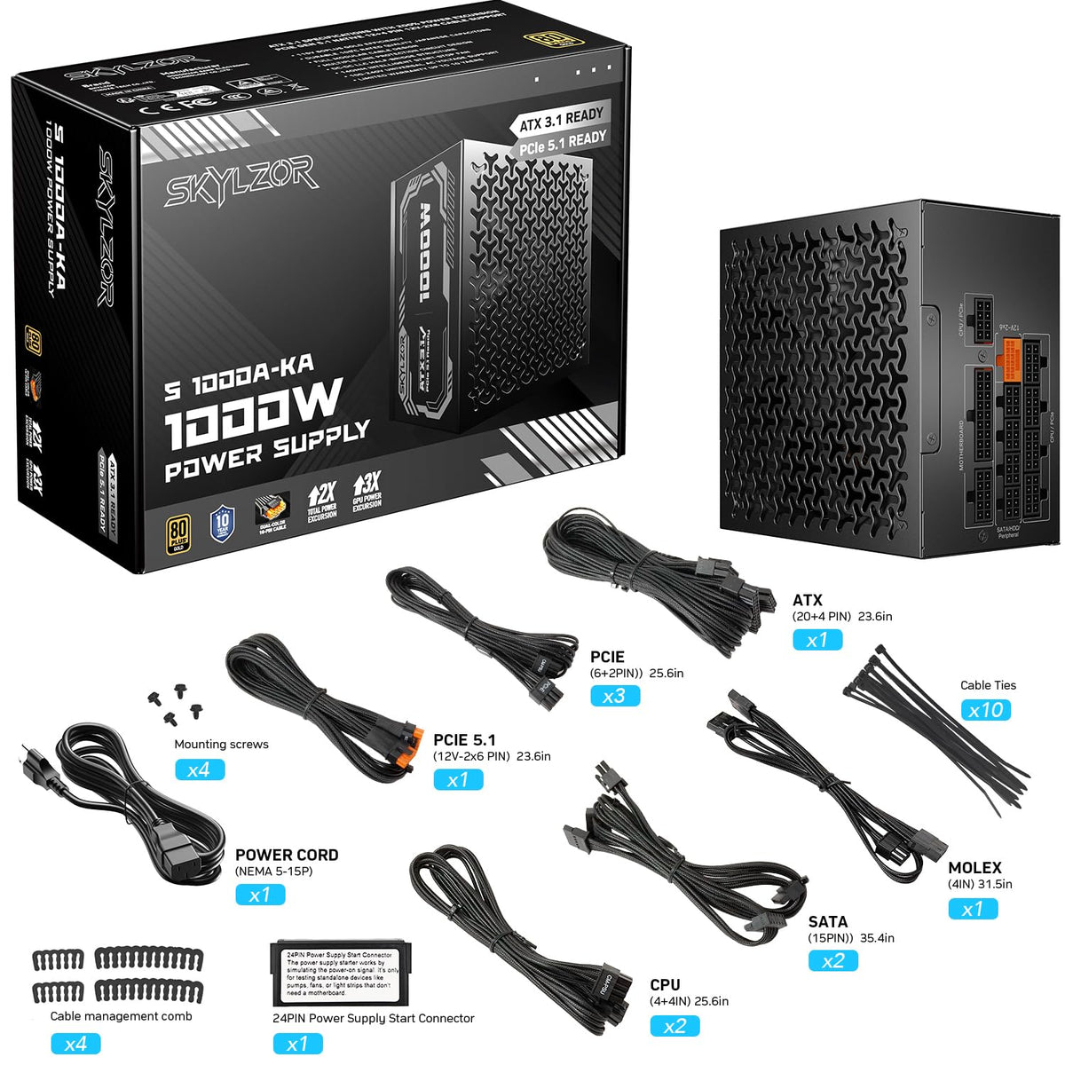 1000W Fully Modular 80+ Gold Certified ATX 3.1 Power Supply U14847