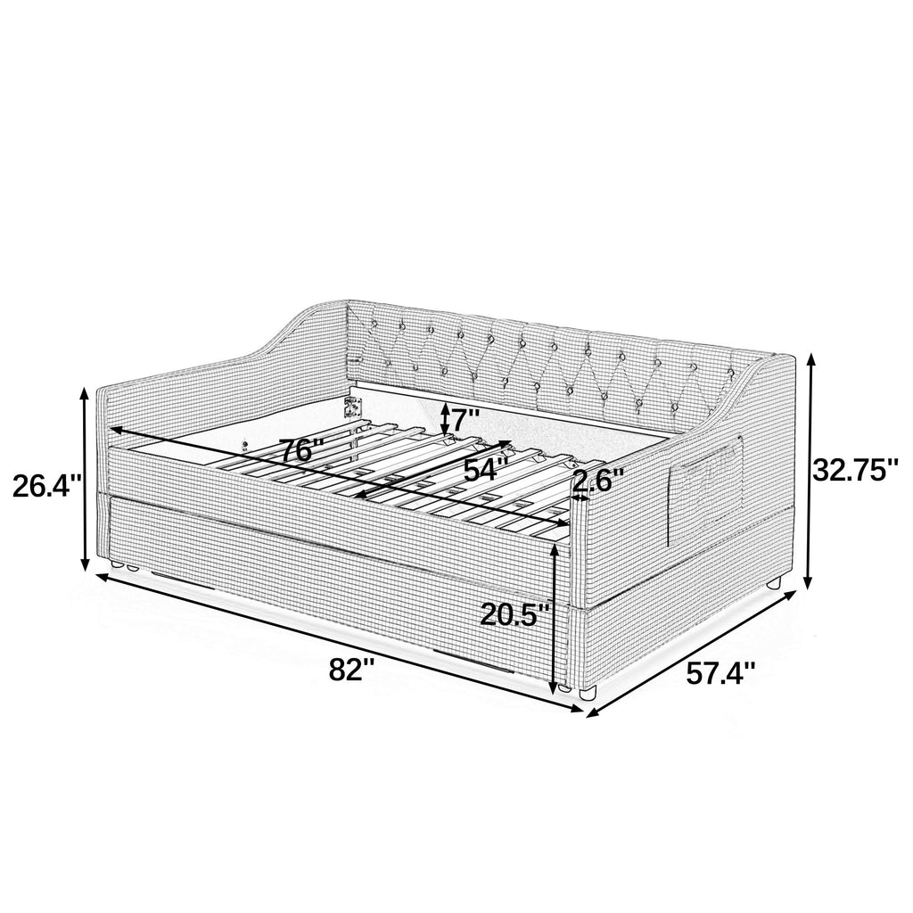 Full Size Upholstered Daybed with Trundle and Side Pocket K43584