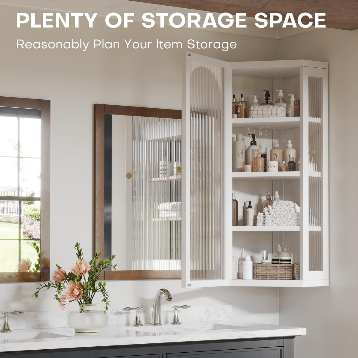 White Metal Corner Wall Cabinet with Glass Doors and Shelves K9521