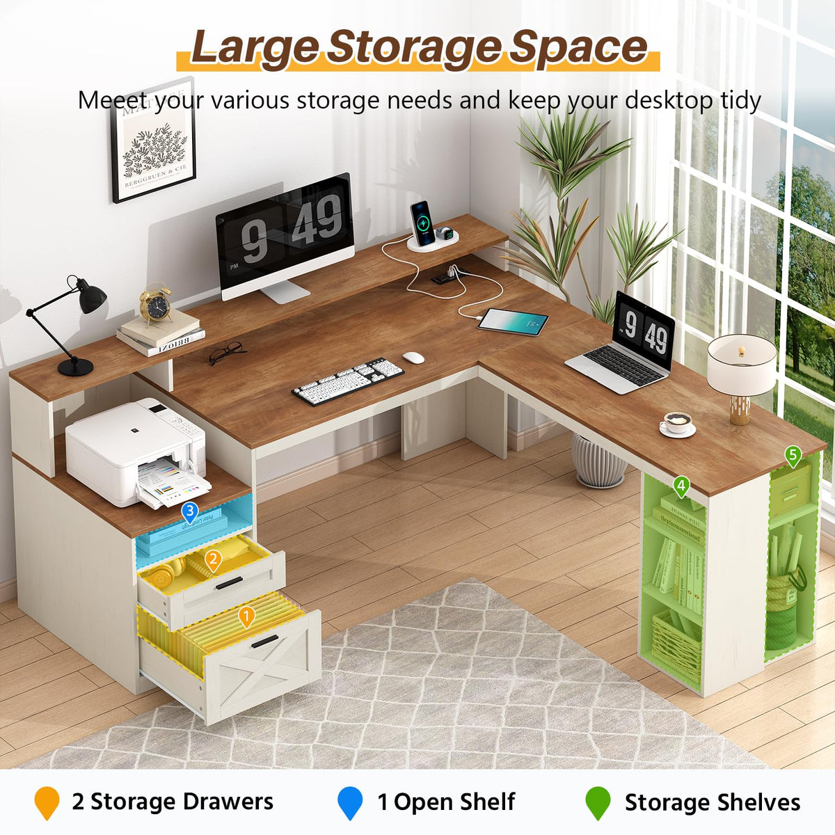 63" L Shaped Desk with Drawers and Storage Shelves H9657