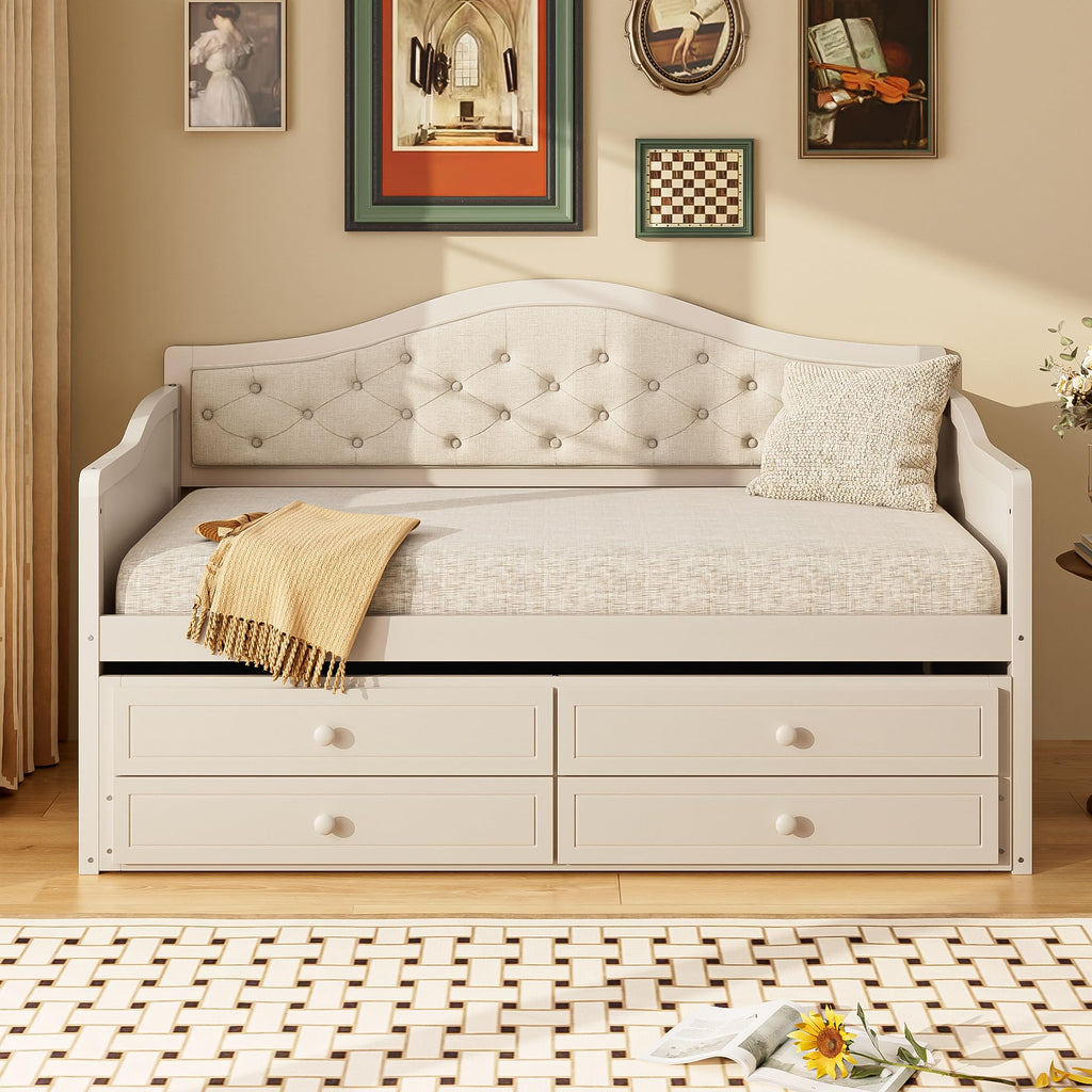 Beige Twin Size Wooden Daybed with Trundle and 2 Drawers C2649
