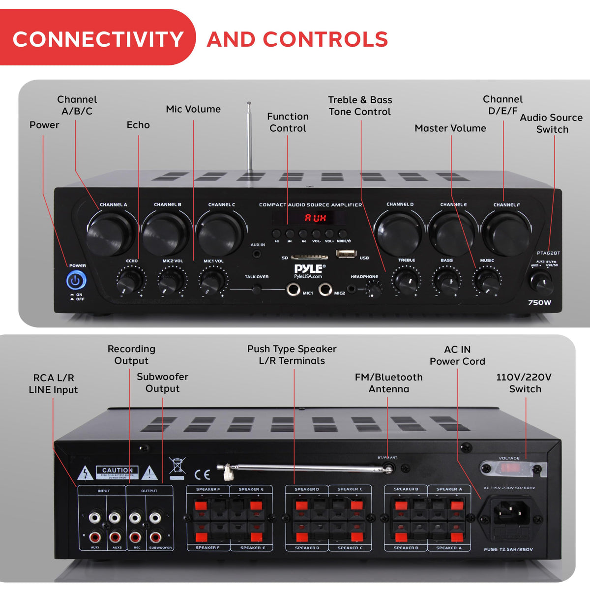 6 Channel 750 Watt Bluetooth Wireless Home Amplifier C489