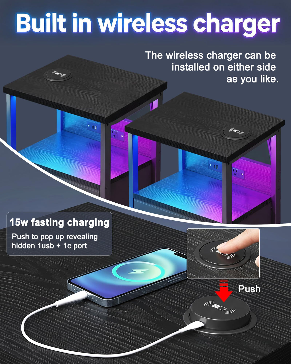 Black Smart Nightstand with Wireless Charging L186329