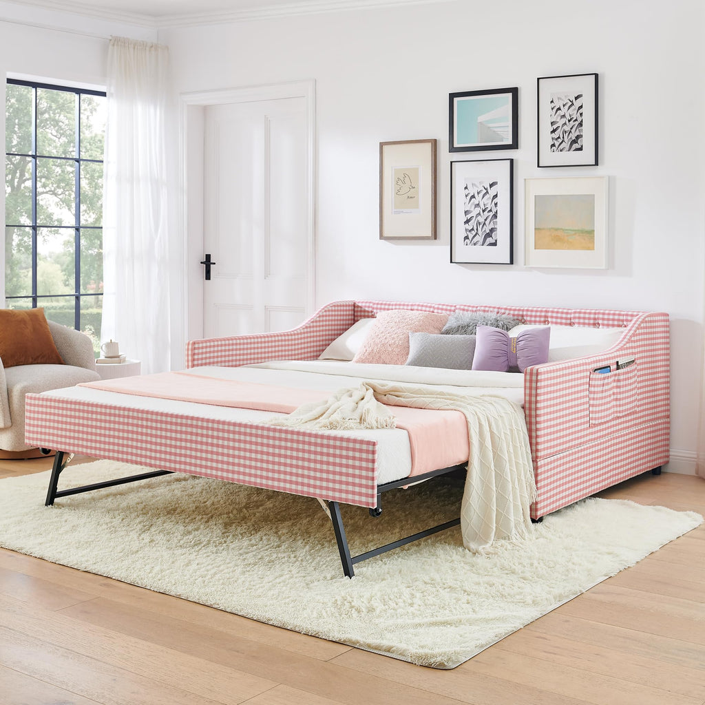 Full Size Upholstered Daybed with Trundle and Side Pocket K43584
