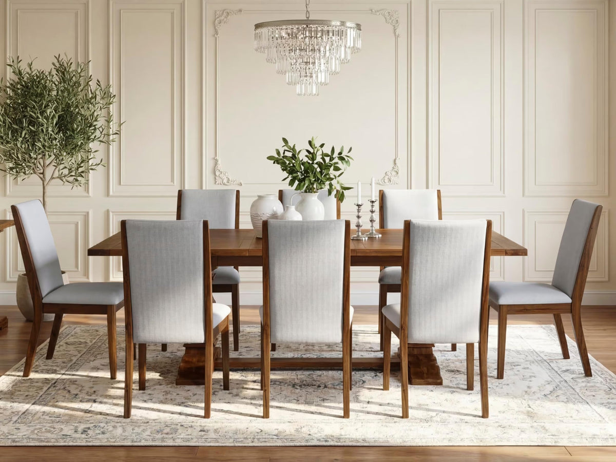 9 Piece Walnut Dining Room Set with 8 Grey Linen Chairs I4886
