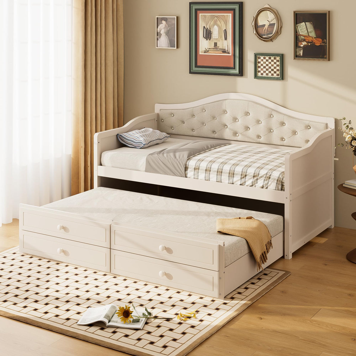 Beige Twin Size Wooden Daybed with Trundle and 2 Drawers C2649