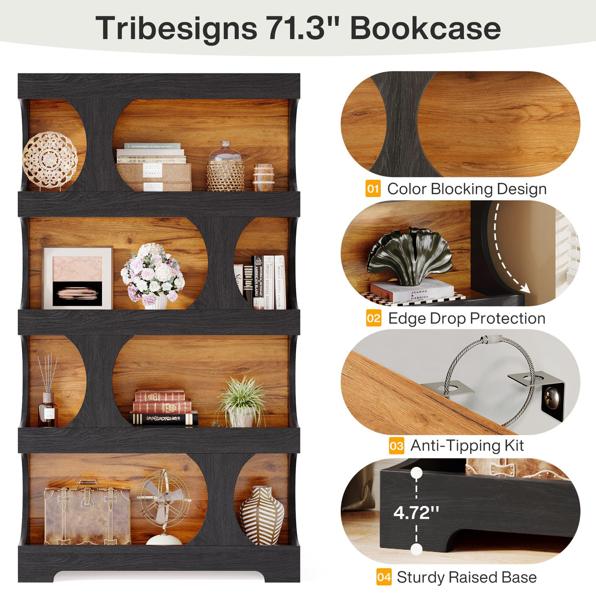 71" Tall 4-Tier S-Shaped Wood Bookcase Q35410