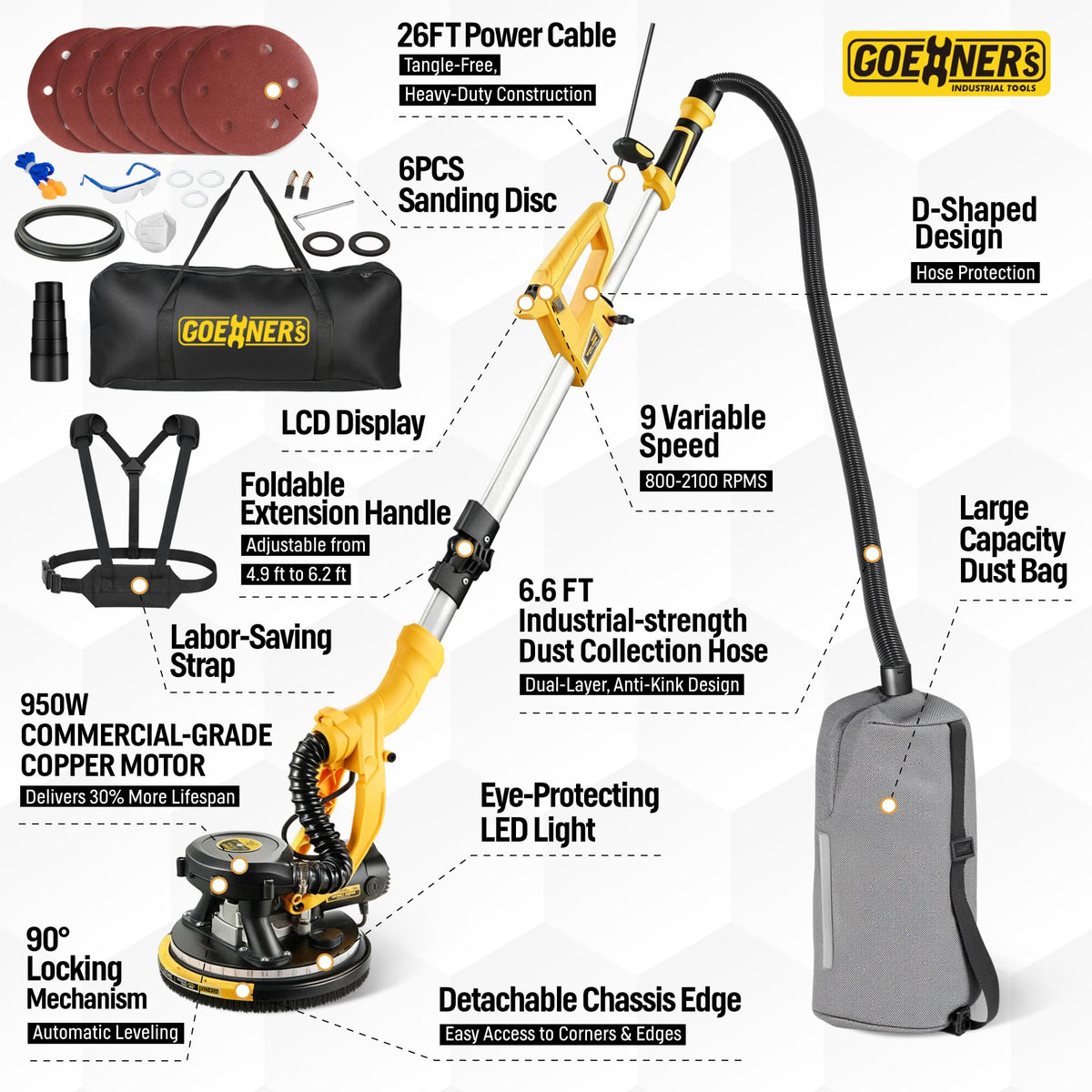 950W Electric Drywall Sander with Vacuum Dust Collector N4420