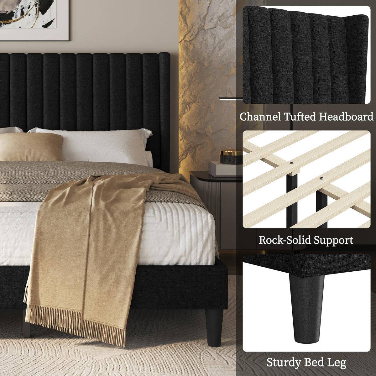 Black Queen Bed Frame with Headboard G411