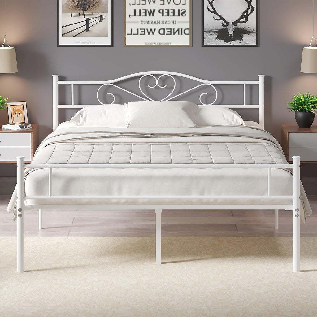 Full Size White Metal Platform Bed Frame with Headboard C42893