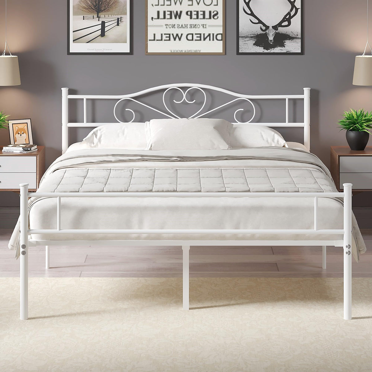 Full Size White Metal Platform Bed Frame with Headboard C42893