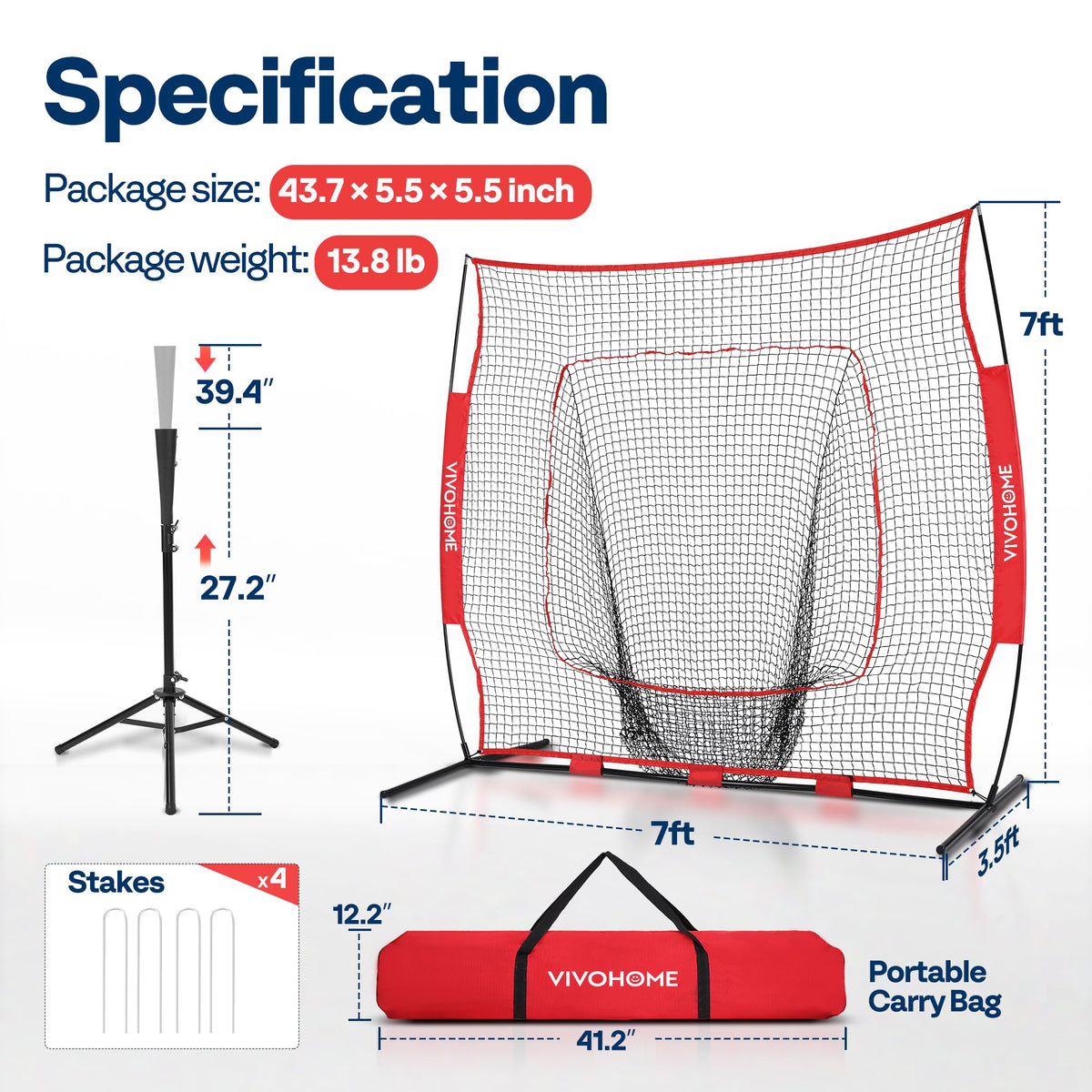 Baseball & Softball Training Net with Batting Tee, 7 x 7 ft. B3401