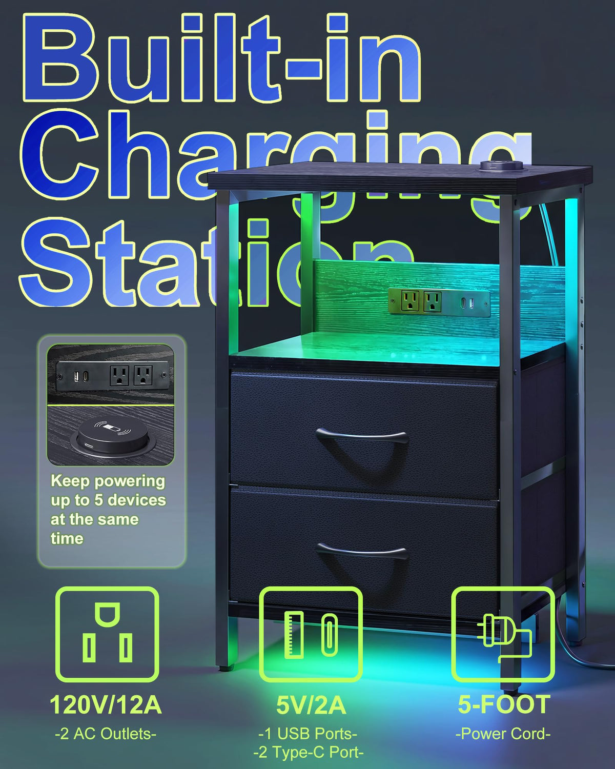 Black Smart Nightstand with Wireless Charging L186329