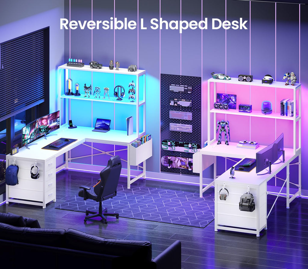 L Shaped Corner Desk with 4 Drawer, Power Outlet & LED Lights, White P3355