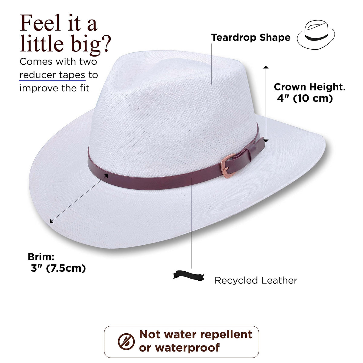 Panama Hat Teardrop Shape Recycled Leather Toquilla Straw N8454