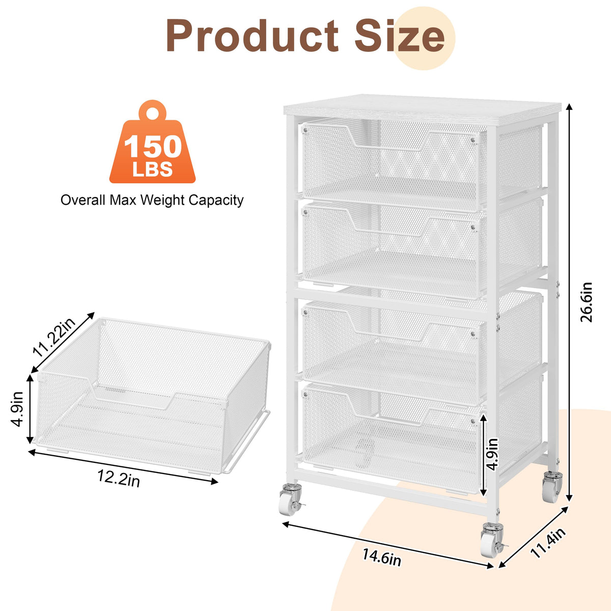 White 4 Drawer Rolling Storage Cart with Wooden Top B224