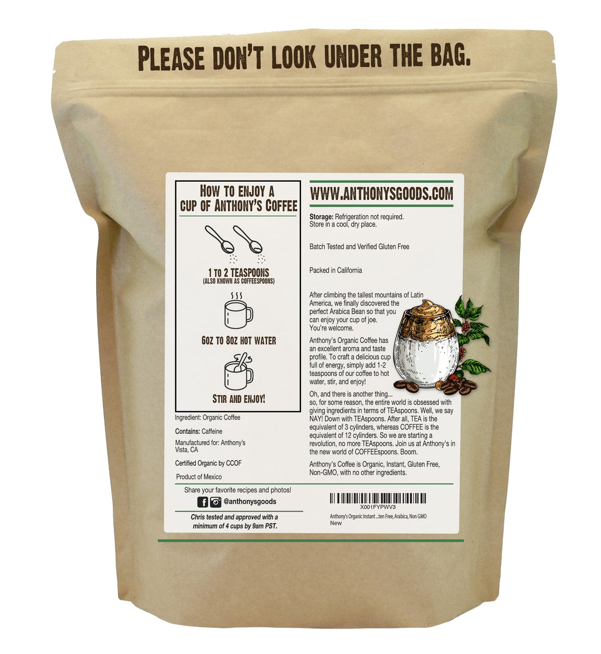 Organic Instant Coffee, 14 oz, Arabica, Gluten Free R9201
