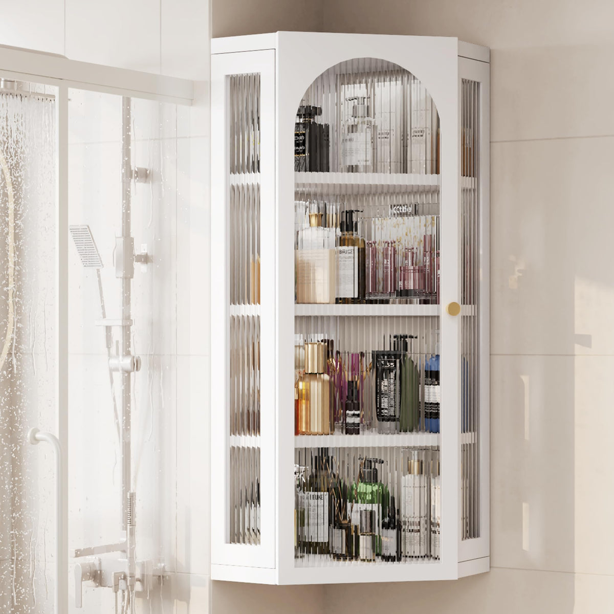 White Metal Corner Wall Cabinet with Glass Doors and Shelves K9521